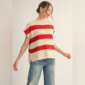Beige red color block stripe knit dolman western tunic top shirt sweater